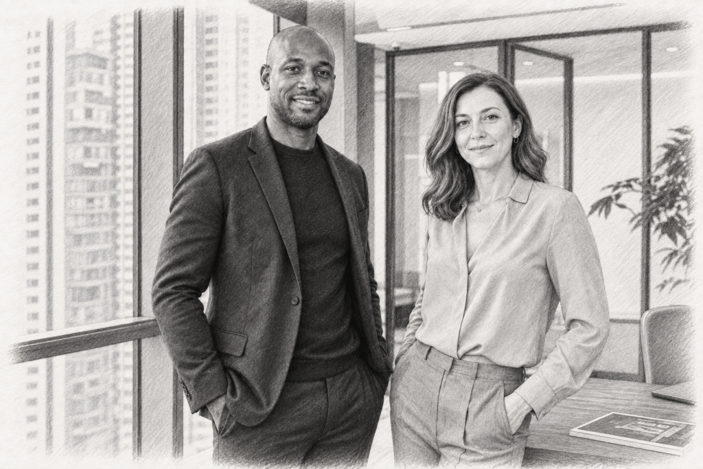 Charcoal portrait of a man in a dark jacket and a woman in a light blouse beside a glass meeting room.