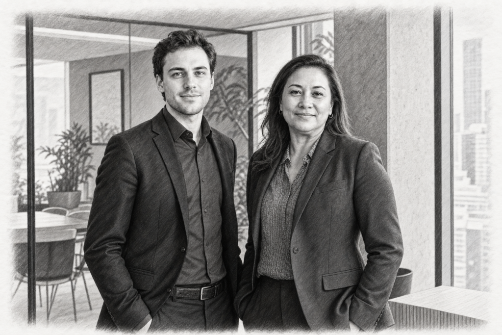 Easy Title Fixes Can Hide A Costly Delay 1 Charcoal portrait of a man and a woman in dark jackets beside a glass meeting room.
