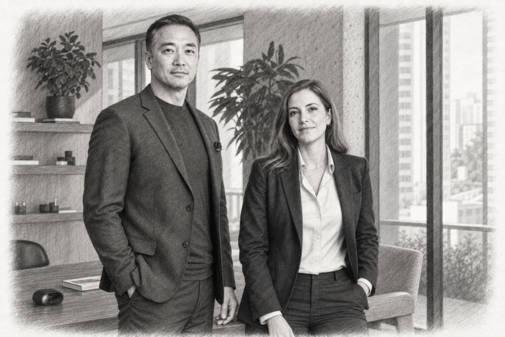 A Luxury Divorce Listing Can Cost More Than It Pays 1 Charcoal portrait of a man and a woman in suits beside a timber desk and city-view windows.