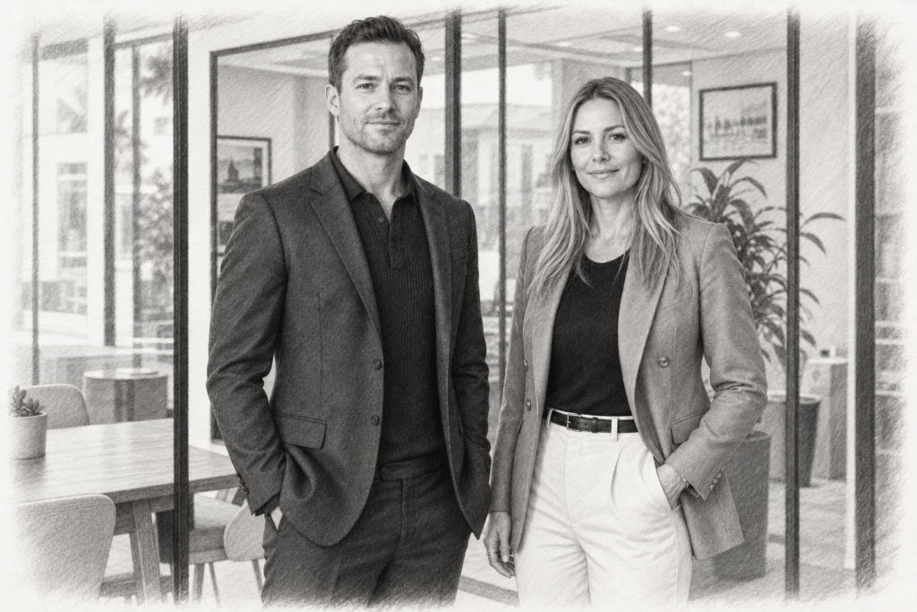 Stop Wasting Time On Vague Family Office Deals 1 Charcoal portrait of a man in a dark suit and a woman in a light jacket beside a glazed room.
