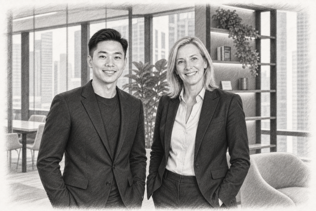 Win More Listings By Making Brand Matter Less 1 Charcoal portrait of a man and a woman in dark jackets beside tall windows and timber shelves.