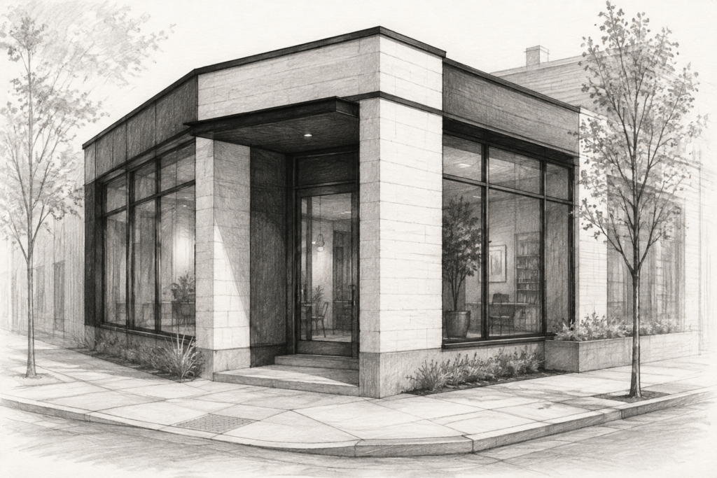 New-Location Recruiting Script For A Real Estate Office 1 Graphite architectural illustration of an unmarked glazed corner office frontage.