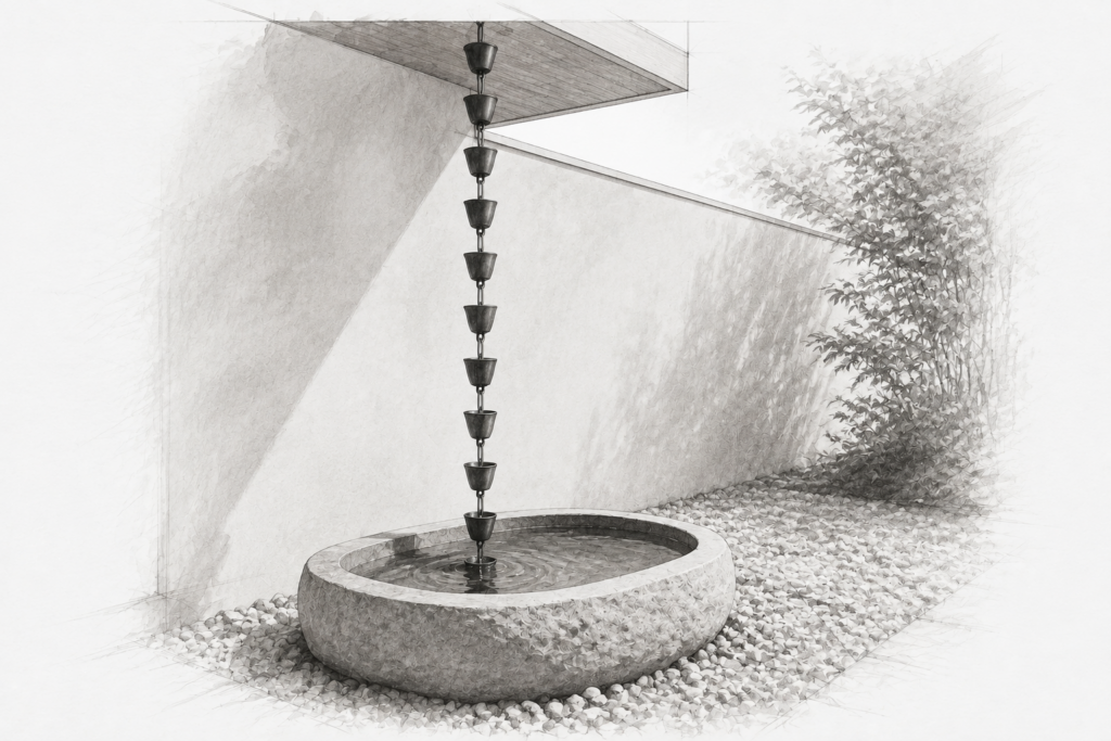 Lpi Vs Forbes Global Properties: A Brokerage Comparison 1 Graphite architectural illustration of a metal rain chain descending into a stone basin beside a garden wall.