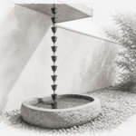 Graphite architectural illustration of a metal rain chain descending into a stone basin beside a garden wall.