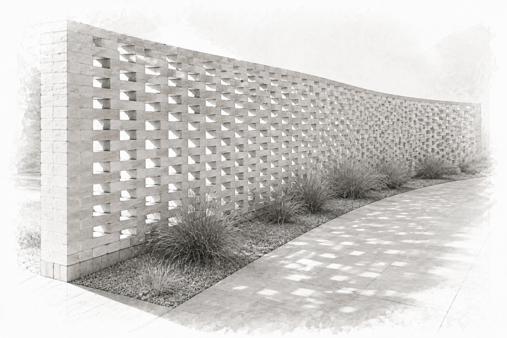 Lre Vs Lpi: Comparing Luxury Real Estate Memberships 1 Graphite architectural illustration of a gently curving perforated masonry garden screen and patterned shadows.