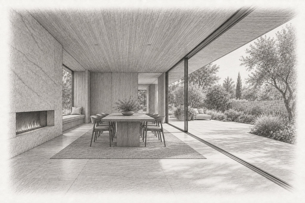 Real Estate Brokerage Communication Systems That Reclaim Owner Time 1 Charcoal study of a luxury home's timber dining pavilion opening onto a covered garden terrace.