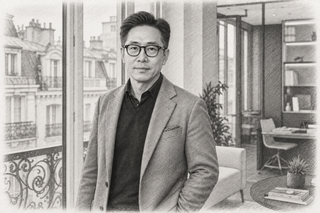 Earn Coverage With A Luxury Real Estate Press Strategy, Not A Retainer 1 Charcoal portrait of a man with glasses in a jacket beside a tall window and fitted shelves.