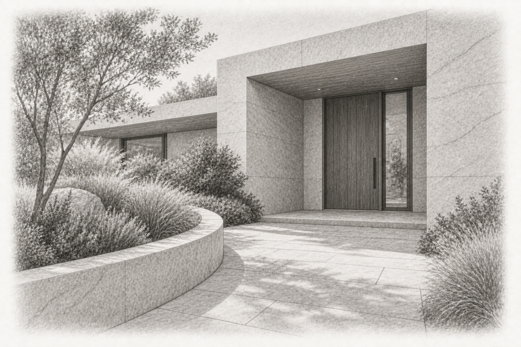 Protect Referrals With A Post-Closing Client Experience System 1 Charcoal study of a luxury home's limestone entry courtyard, recessed walnut door and planted approach.