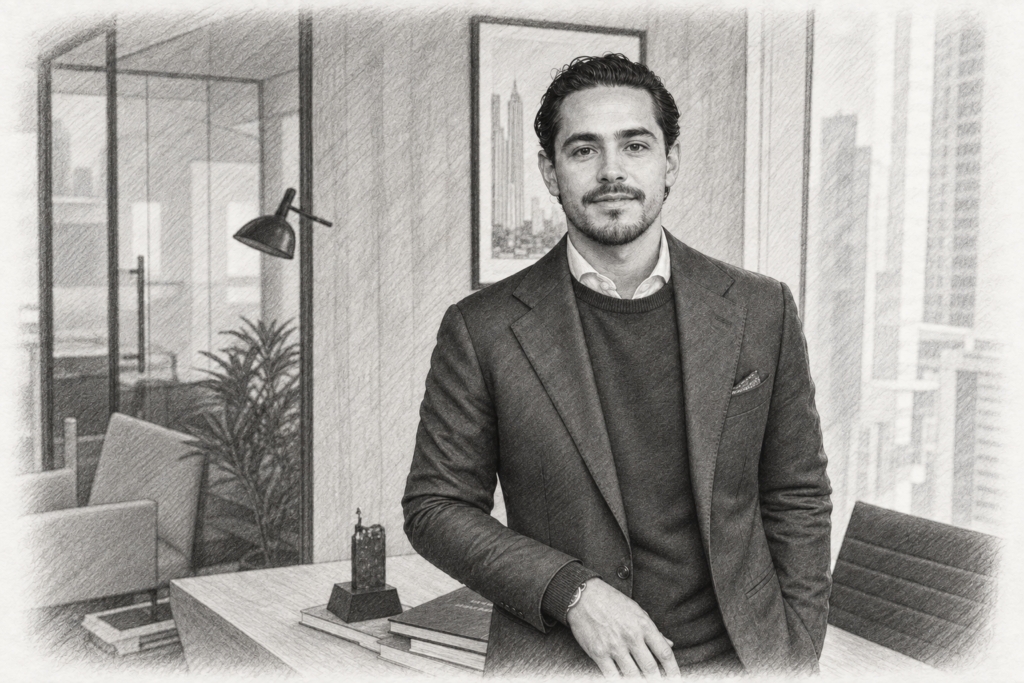 Marketing Attribution For Luxury Listings: Stop Guessing, Reallocate 1 Charcoal portrait of a man in a dark jacket and sweater beside a timber desk and city-view window.