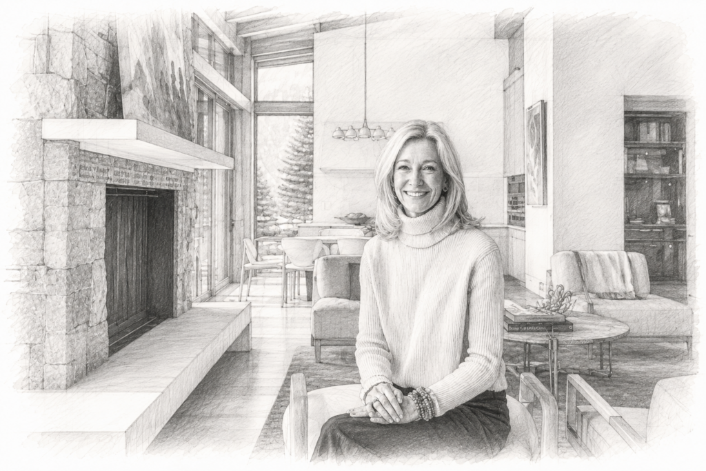 Graphite illustration of a smiling woman seated beside a stone fireplace in a bright residential interior.