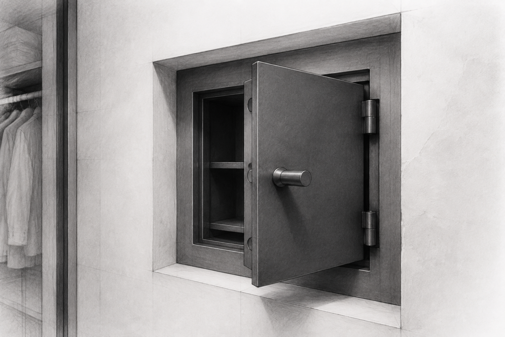 Money Mastery Pillars For A Real Estate Business 1 Graphite study of an empty recessed wall safe with its steel door partly open.