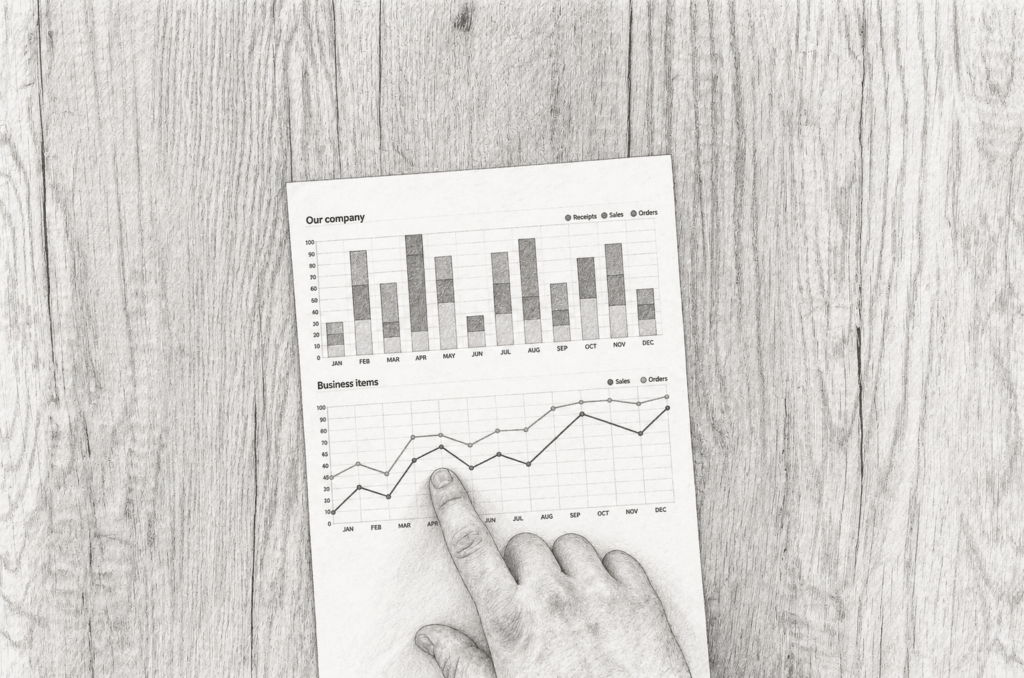Hand pointing to printed bar and line charts on a wall.
