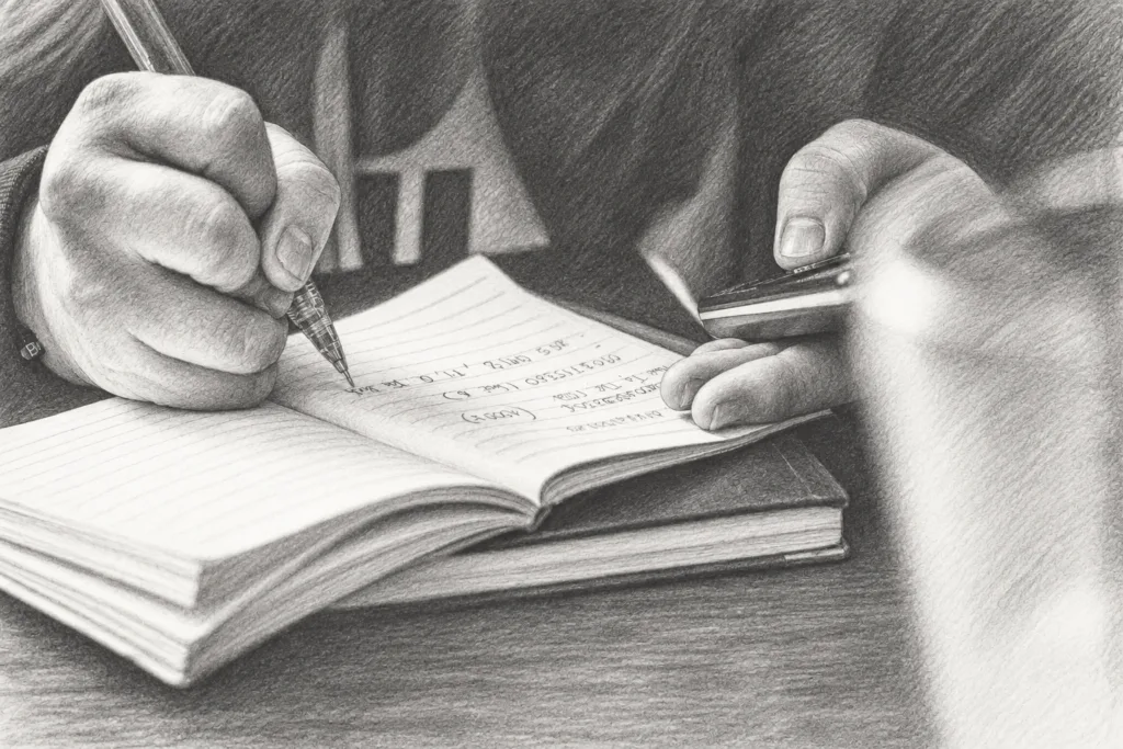 Hands writing notes in an open notebook.