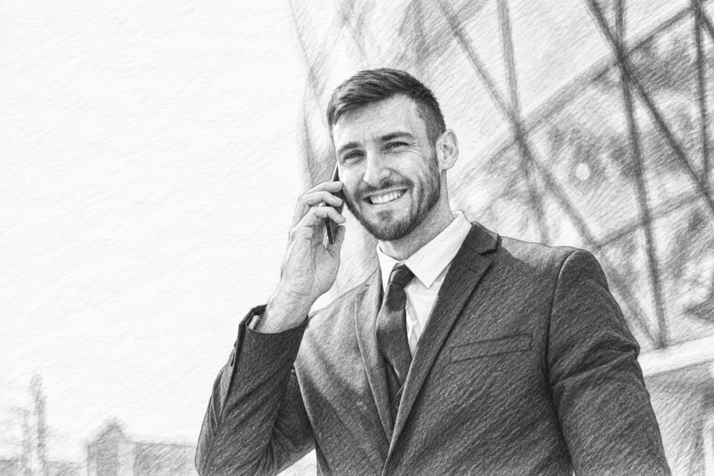 5 Secrets To Leading Performance Based Teams 1 Smiling man in a dark suit speaking on a smartphone.
