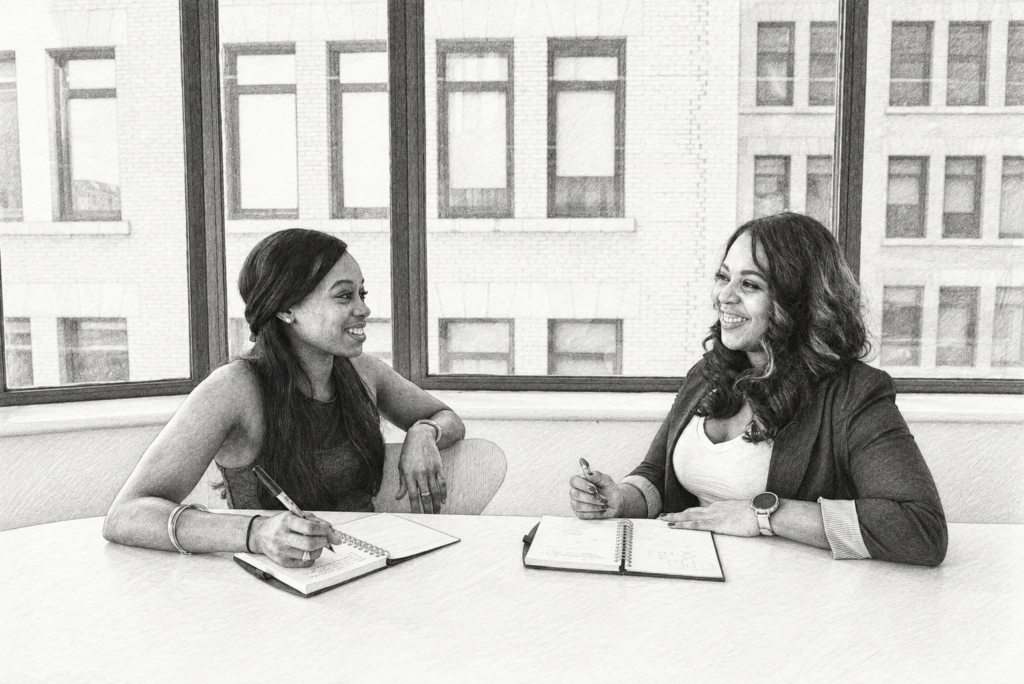 New Agent Interview 1 Two women talking and writing at a table in a bright room.