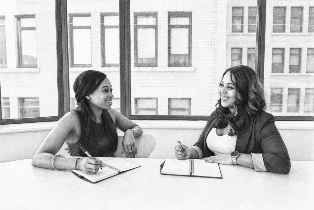 Two women talking and writing at a table in a bright room.