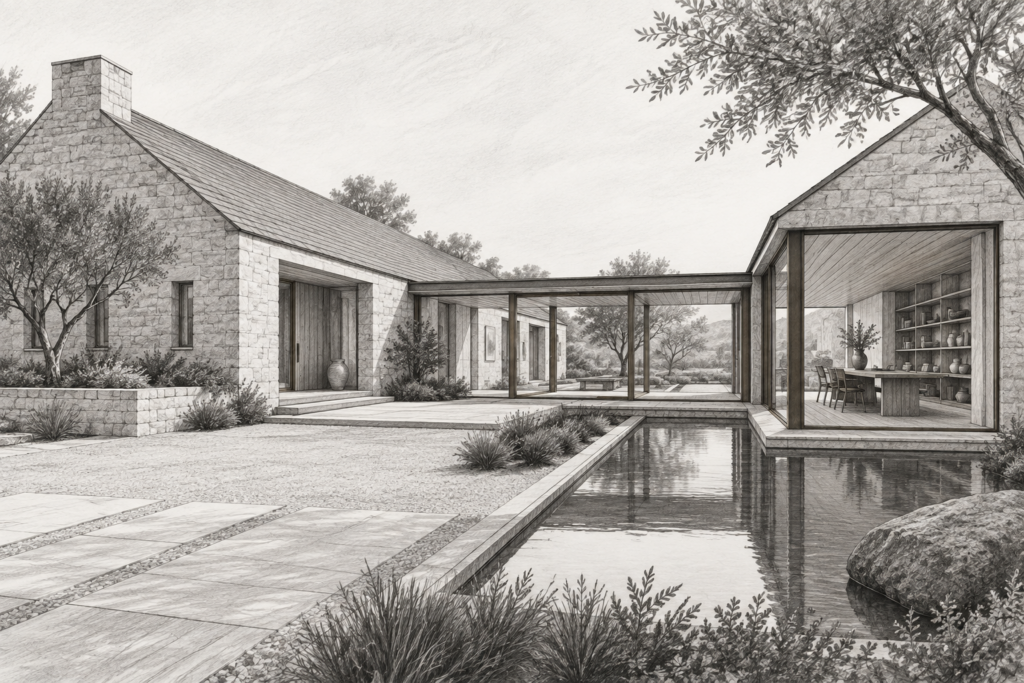 3 Tips To Expanding Real Estate Teams Profitably 1 Long-roofed stone house with a glazed gallery and workroom.