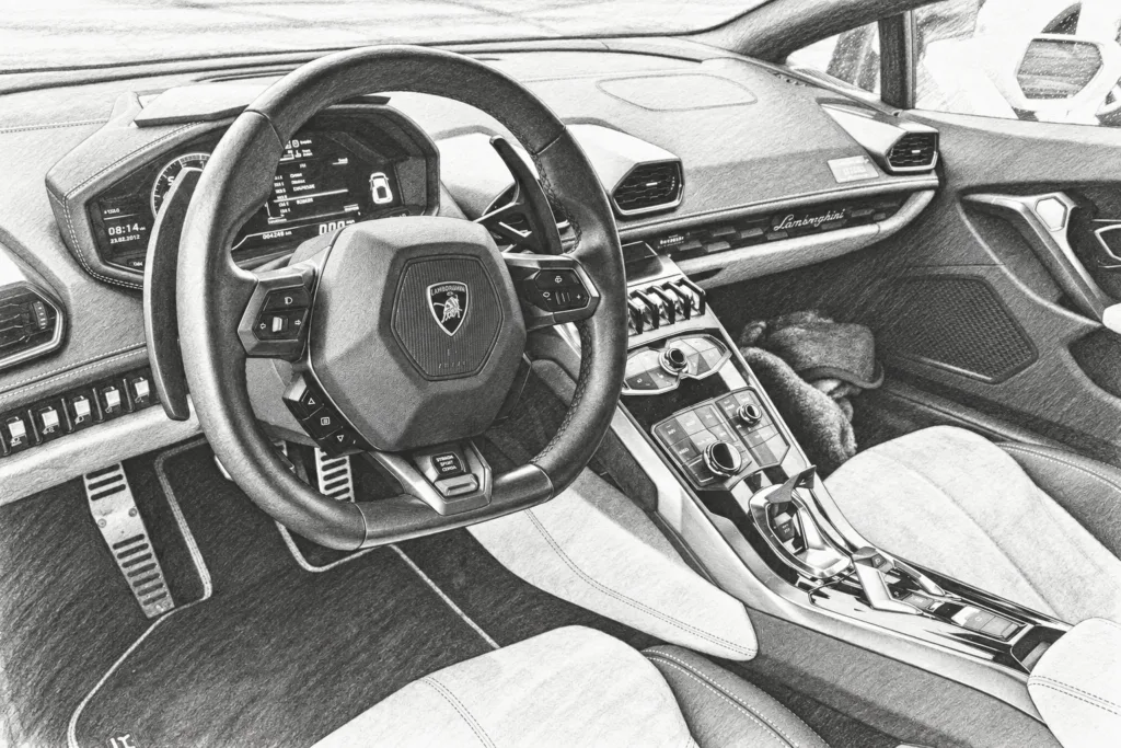 Car interior with steering wheel and dashboard.