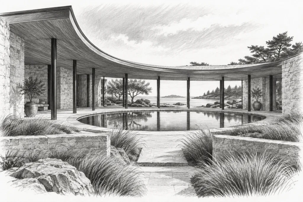 The Secrets To Doing An Effective One On One 1 Coastal residence with a curved gallery and oval reflecting basin.