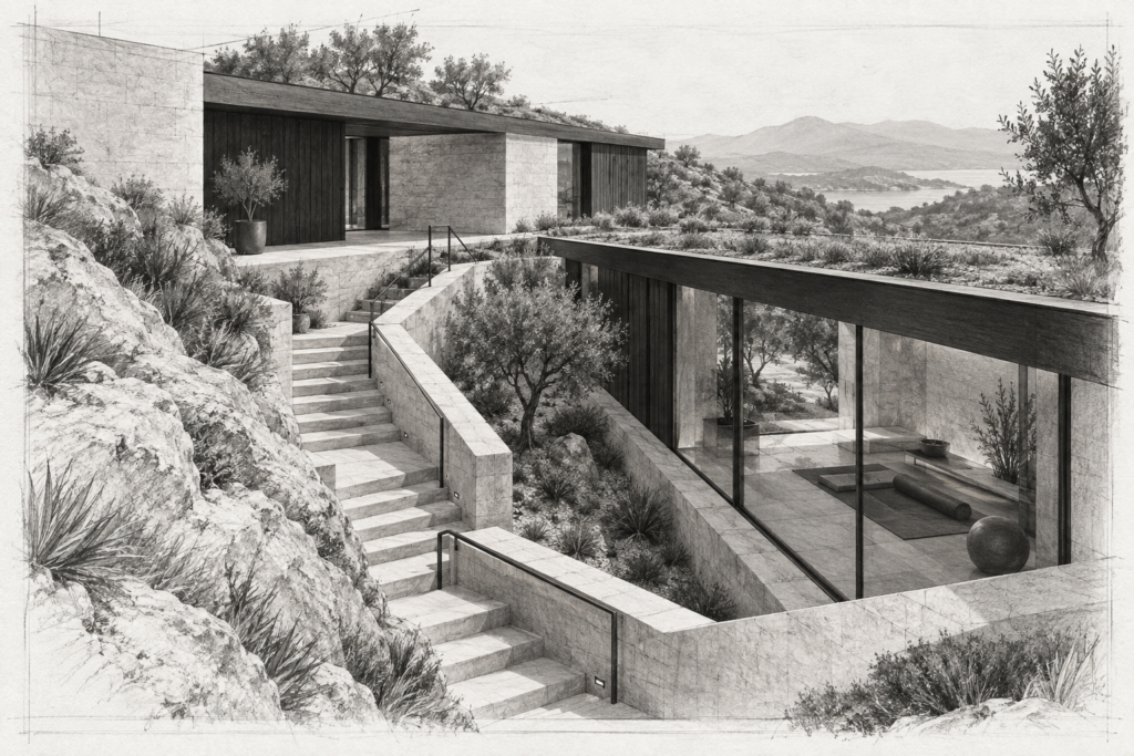 Stress Free Leadership 1 Hillside residence with a switchback stair and glazed room.