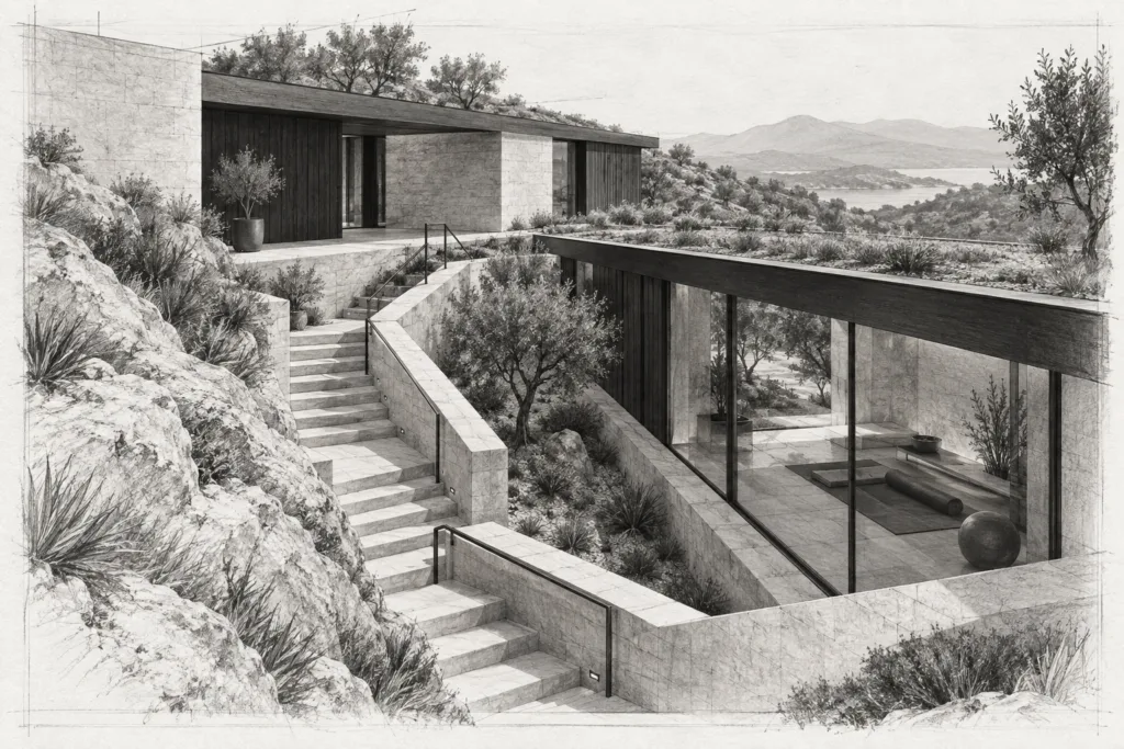 Stress Free Leadership 1 Hillside residence with a switchback stair and glazed room.