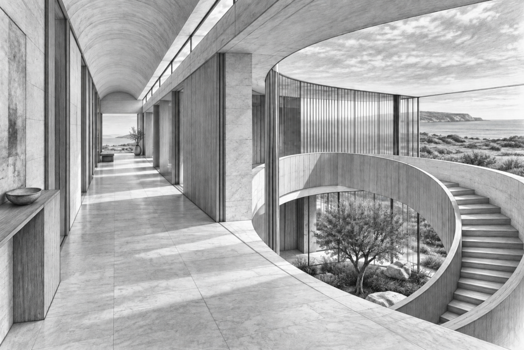 Limestone residence with a vaulted gallery and circular stair around a sunken courtyard.