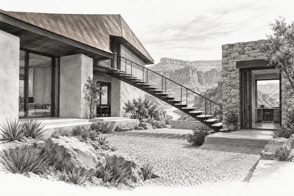 Boost Productivity During A Market Shift 1 Adobe residence with an open air stair and stone studio.