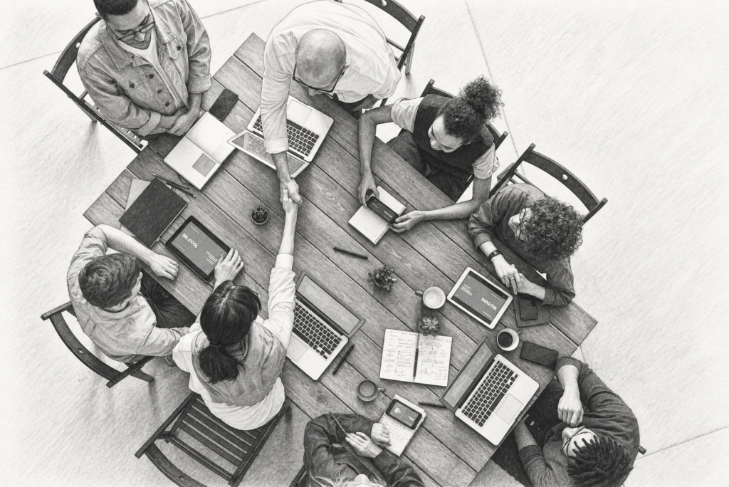 Top view of several people gathered around a table with notebooks and a laptop.