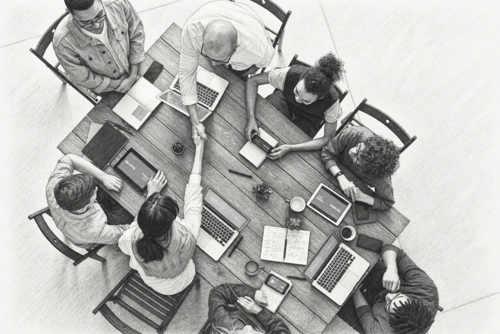 Growing With Teams 5X Your Brokerage 1 Top view of several people gathered around a table with notebooks and a laptop.