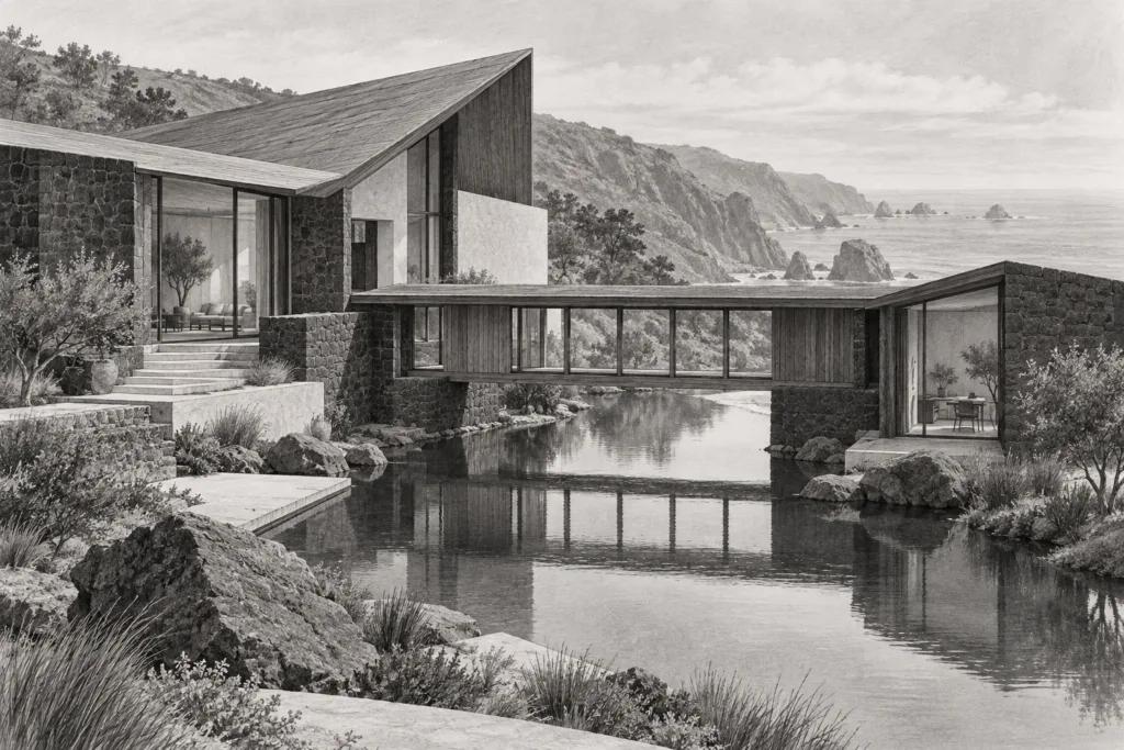 Basalt residence with a covered bridge and reflecting pond.