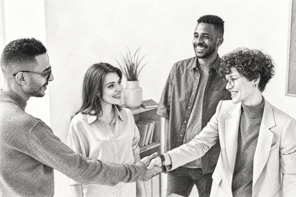 B2B Program 1 Four adults greeting one another in a bright interior.