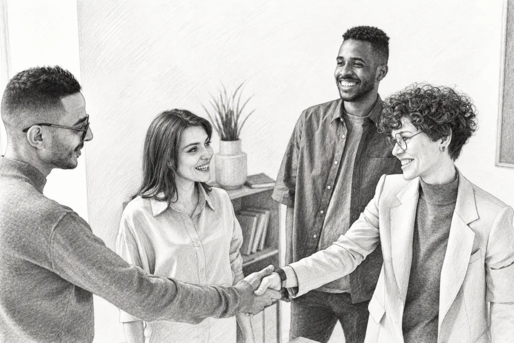 B2B Program 1 Four adults greeting one another in a bright interior.