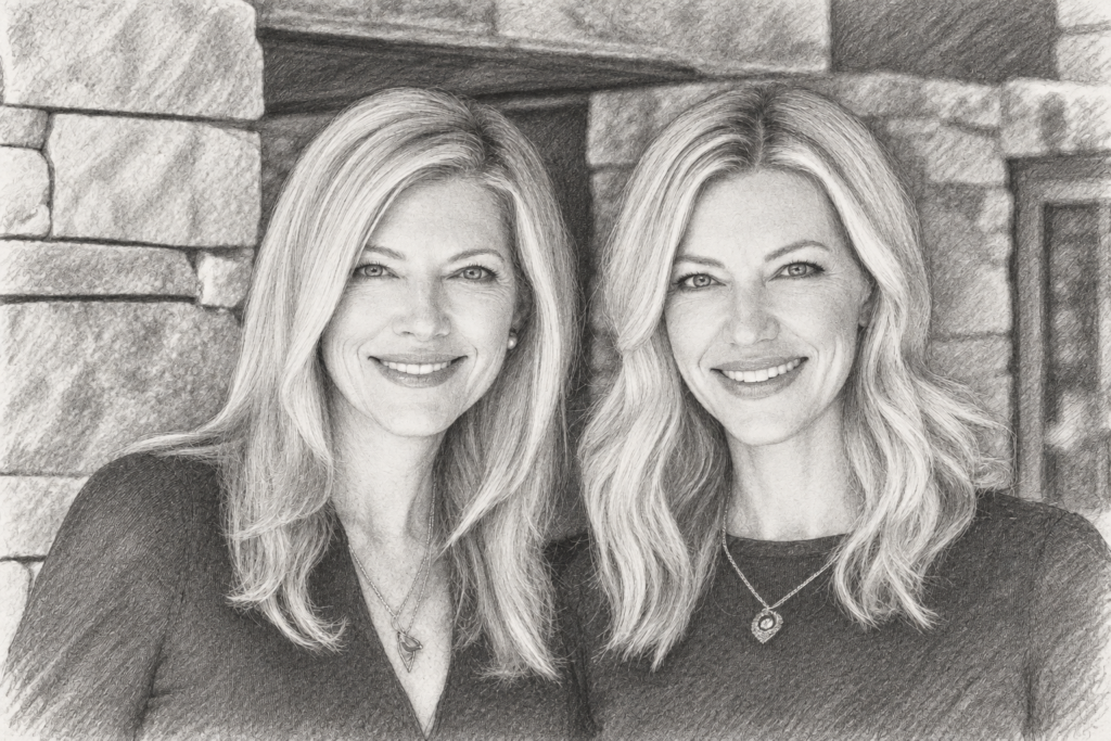 Two women smiling together in a stone-walled interior.