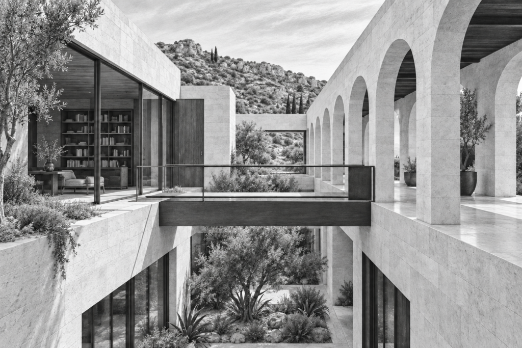 Things To Consider Before Moving A Team 1 Limestone hillside residence with a covered arcade and bridge over a planted lightwell.