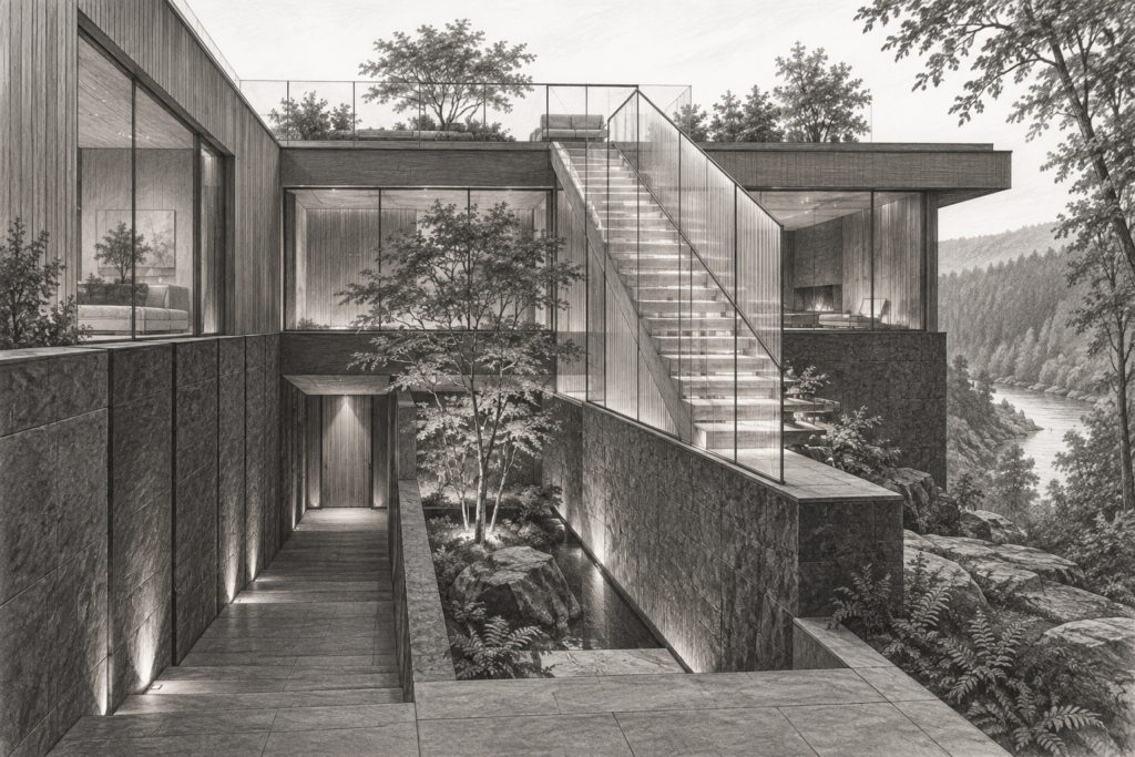 Signs It’s Time To Let A Team Go 1 Cedar and basalt residence with a glazed stair and sunken garden.