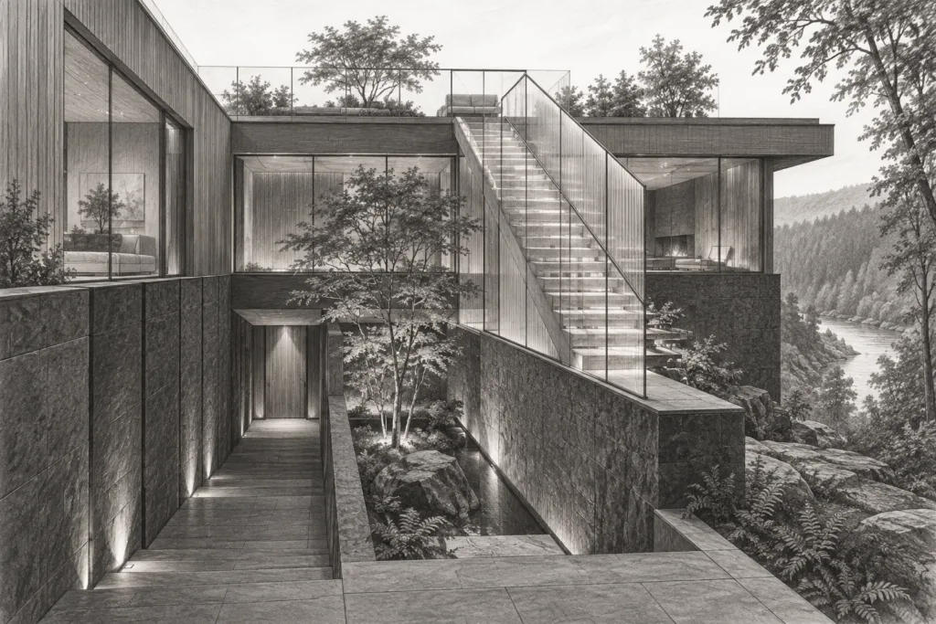 Cedar and basalt residence with a glazed stair and sunken garden.