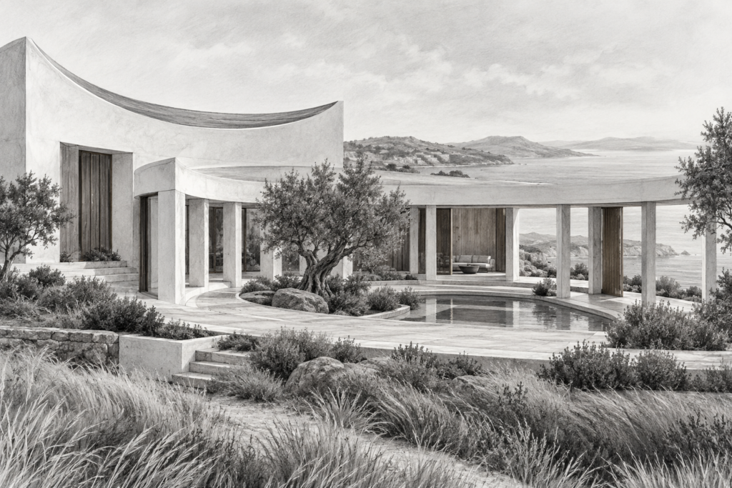 White-plaster residence with a colonnaded walkway around a courtyard.