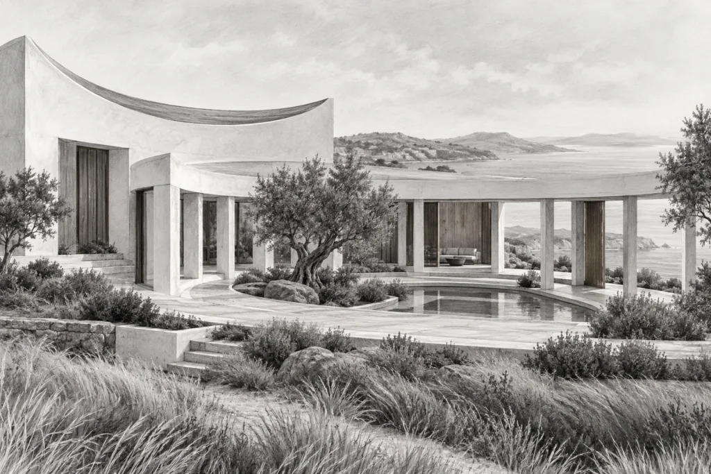 Skills Great Leaders Develop 1 White-plaster residence with a colonnaded walkway around a courtyard.