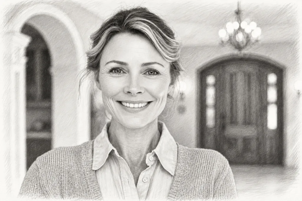 Smiling woman standing in an arched interior.