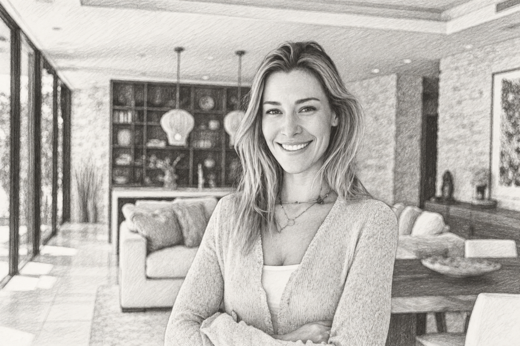 4 P’s Of Sales Management In Real Estate 1 Smiling woman in a bright living room with glazing and a stone fireplace.