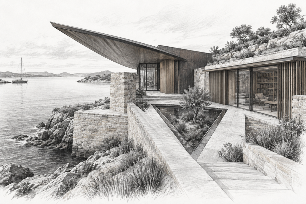 The Secret To Finding Significance In Business And In Life 1 Luxury residence with a cantilevered roof, triangular court and timber library wing.