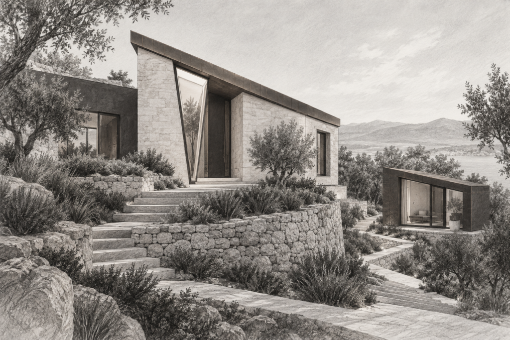Online Lead Best Practices 1 Residence with a canted roof, triangular lightwell, and detached garden studio.