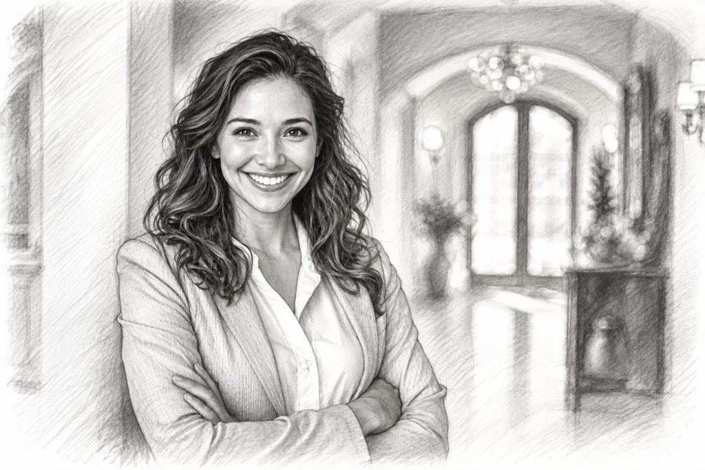 Smiling woman in a blouse and blazer standing in an arched interior.