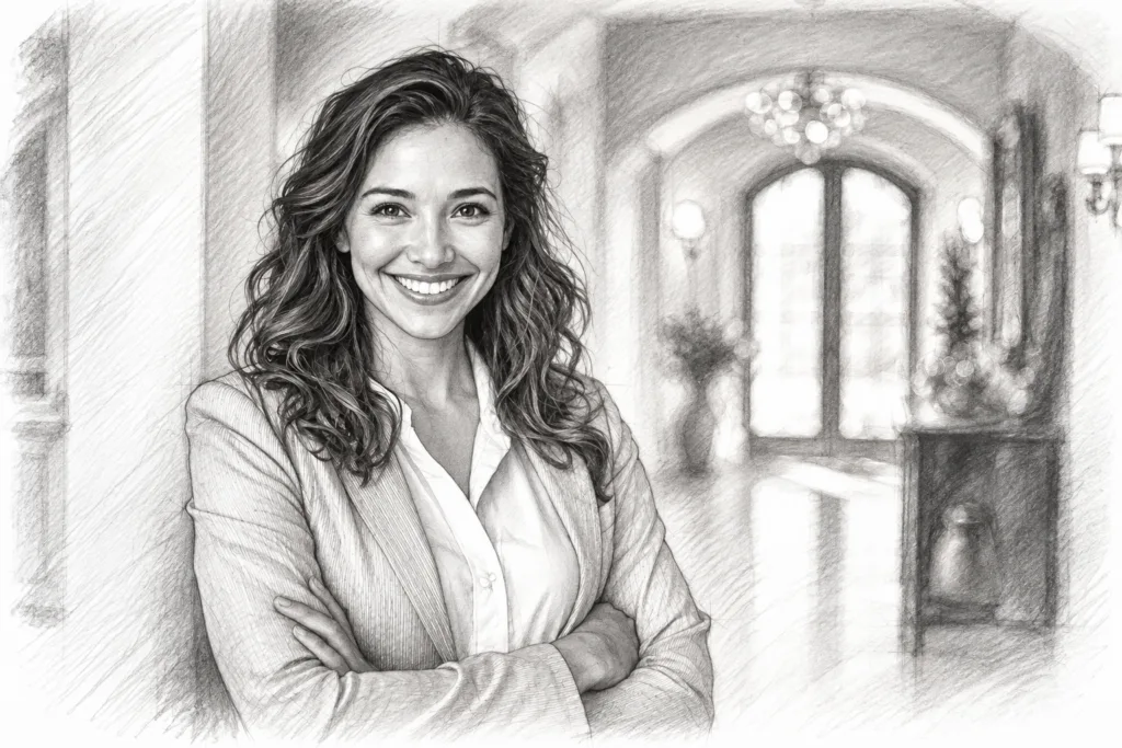 Smiling woman in a blouse and blazer standing in an arched interior.