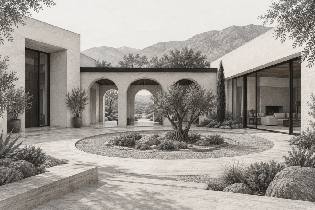 When Should Someone Start A Team? 1 Pale-plaster residence with a circular court and shadowed loggia.