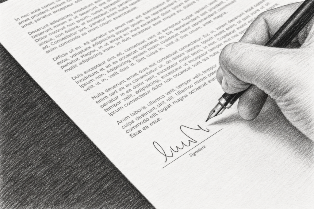 Recruiter Compensation Exhibit 1 Hand signing a document with a pen.