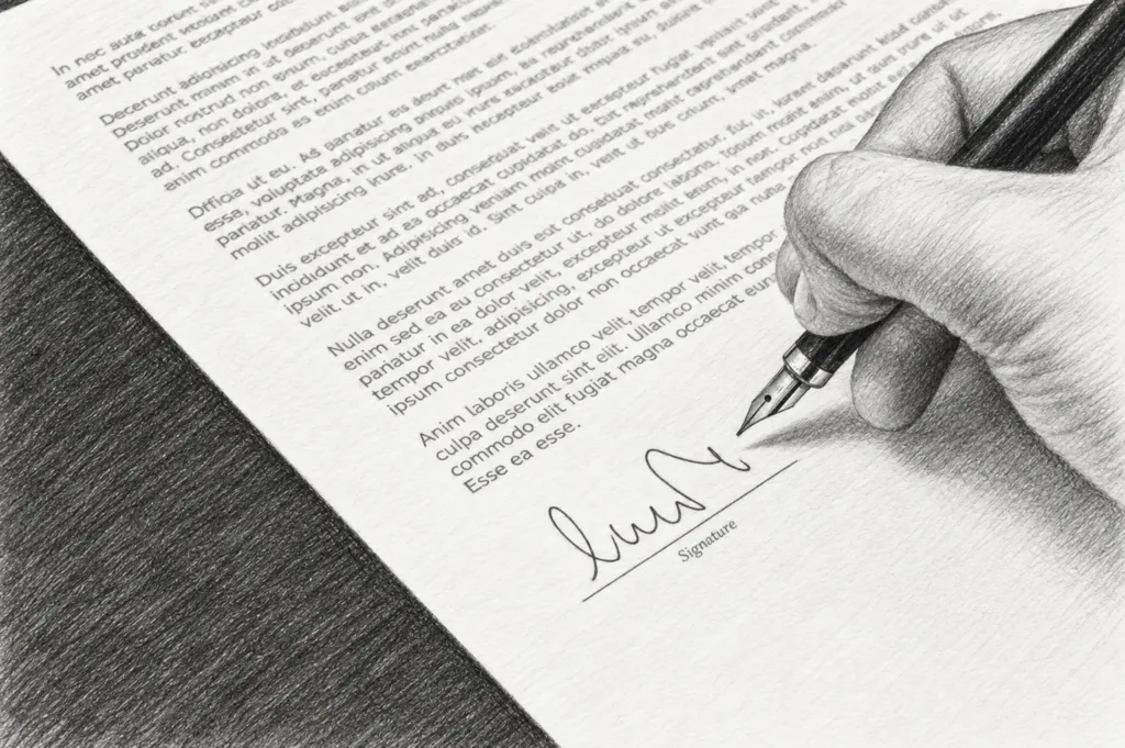 Recruiter Compensation Exhibit 1 Hand signing a document with a pen.