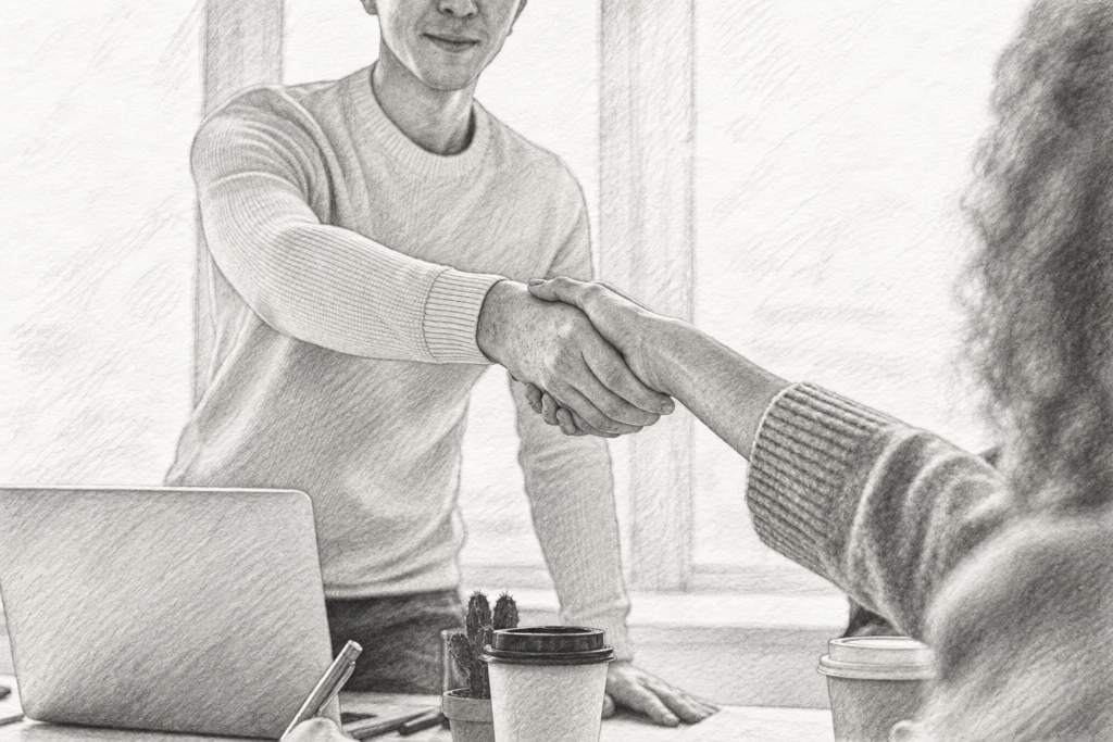 Interview Questions For Agents 1 Two people shaking hands in a bright office.