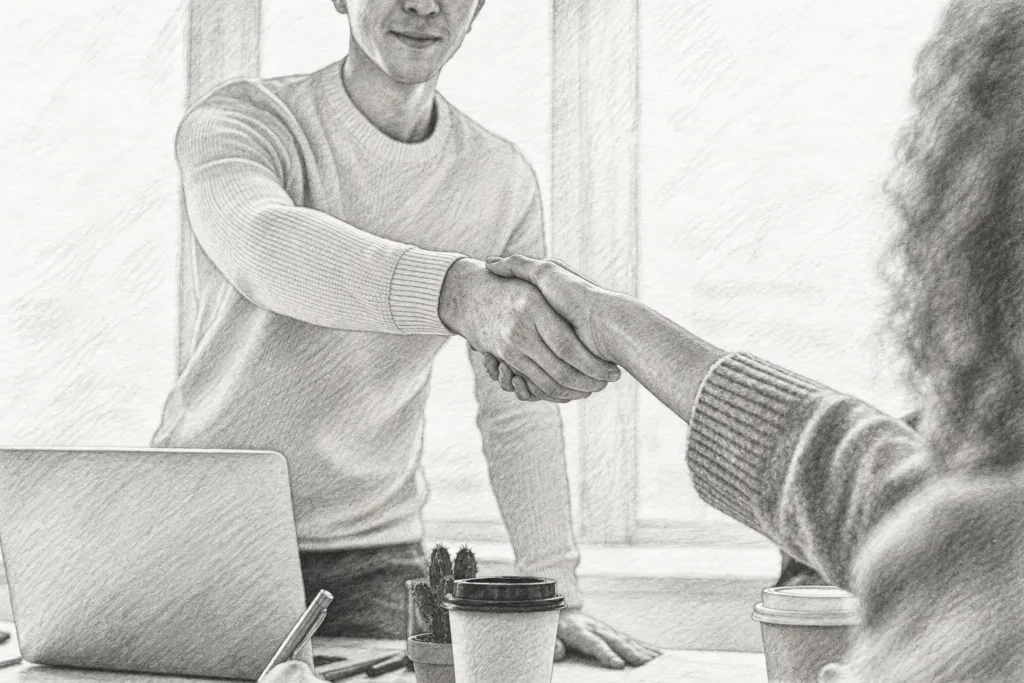 Interview Questions For Agents 1 Two people shaking hands in a bright office.