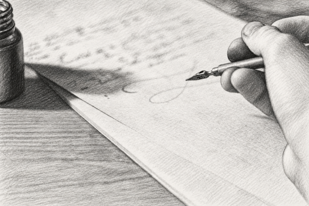 Hand drawing on paper beside a small desk sculpture.